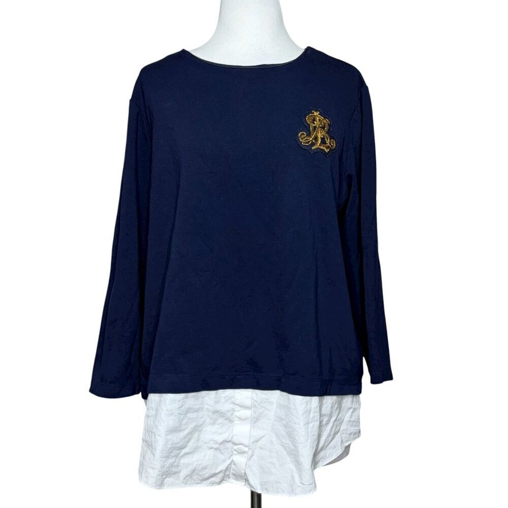 Lauren Ralph Lauren Nautical Crest Mixed Layered Sweater Navy Blue White Size XL